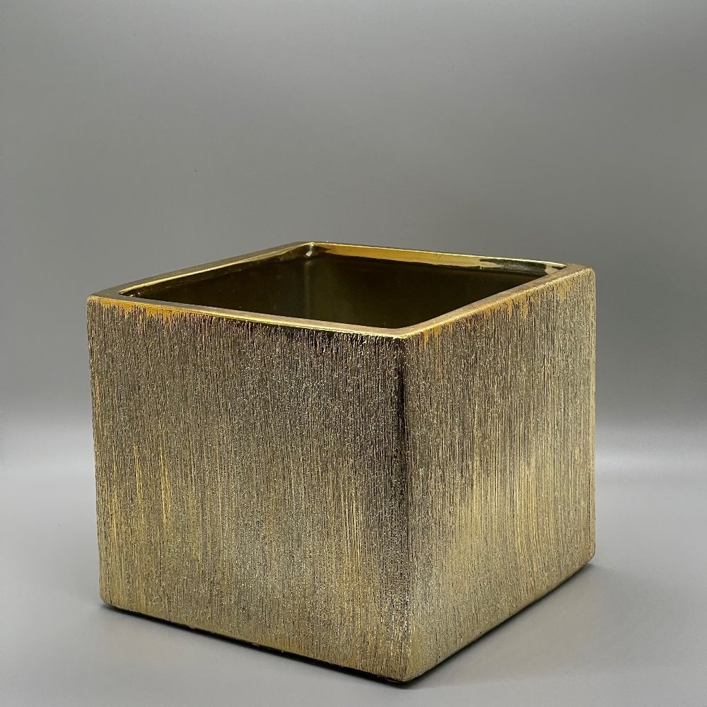 Square Vase, Gold Brushed Box 6.5 Inch Diameter, Decorative Indoor and Garden .